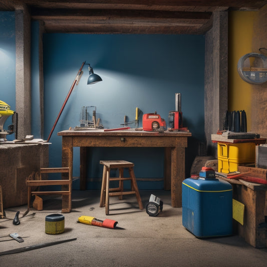 A cluttered workshop table with a concrete block wall in the background, surrounded by various tools like spirit levels, trowels, jointers, and a laser level on a tripod.