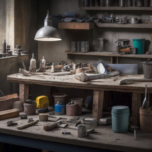 A cluttered workbench with various concrete repair tools, including a drill with a mixing paddle, a trowel, a level, and a bucket of patching compound, surrounded by concrete samples with cracks and holes.