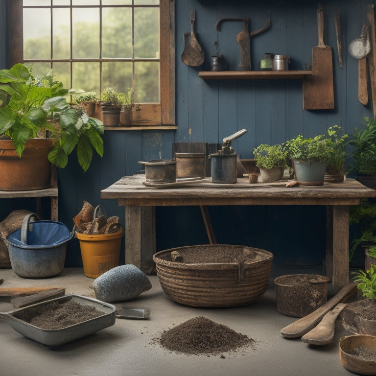 A tidy workshop with a wooden workbench, surrounded by various tools: a mixing bucket, trowel, level, gloves, safety goggles, and a sack of concrete mix, with a few small potted plants in the background.