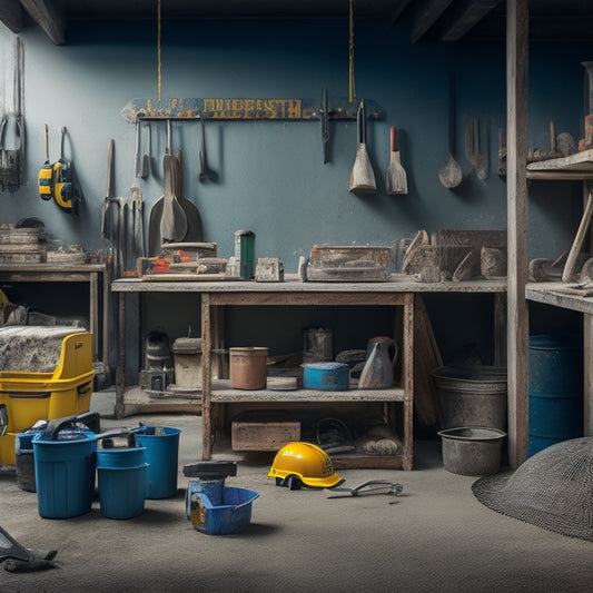 A cluttered but organized concrete construction workshop with various tools and equipment, including a concrete mixer, trowels, and safety gear, arranged on shelves and workbenches amidst a backdrop of concrete slabs and finishing tools.