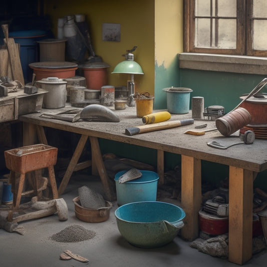 A cluttered workshop table with a variety of concrete tools scattered across it, including a trowel, edger, float, and level, with a partially mixed bucket of concrete in the background.