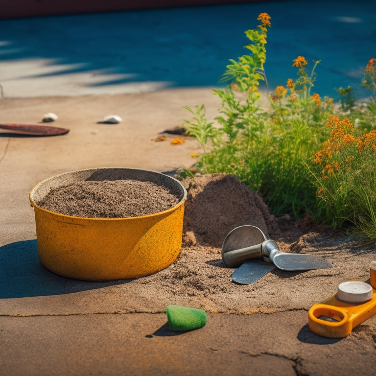 A worn, cracked concrete sidewalk with weeds growing through the fissures, surrounded by scattered tools: a trowel, mixing bucket, and patching compound, on a sunny day with a blurred background.