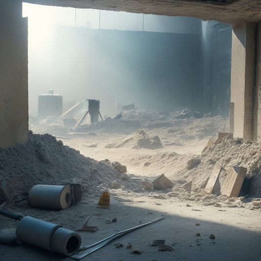 A messy construction site with a partially demolished concrete wall, surrounded by scattered debris, with a hammer, jackhammer, and pry bar lying nearby, amidst a haze of dust and shadows.