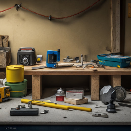 A cluttered workbench with a level, tape measure, spirit level, square, and calipers arranged alongside a concrete block and a partially built wall in the background.