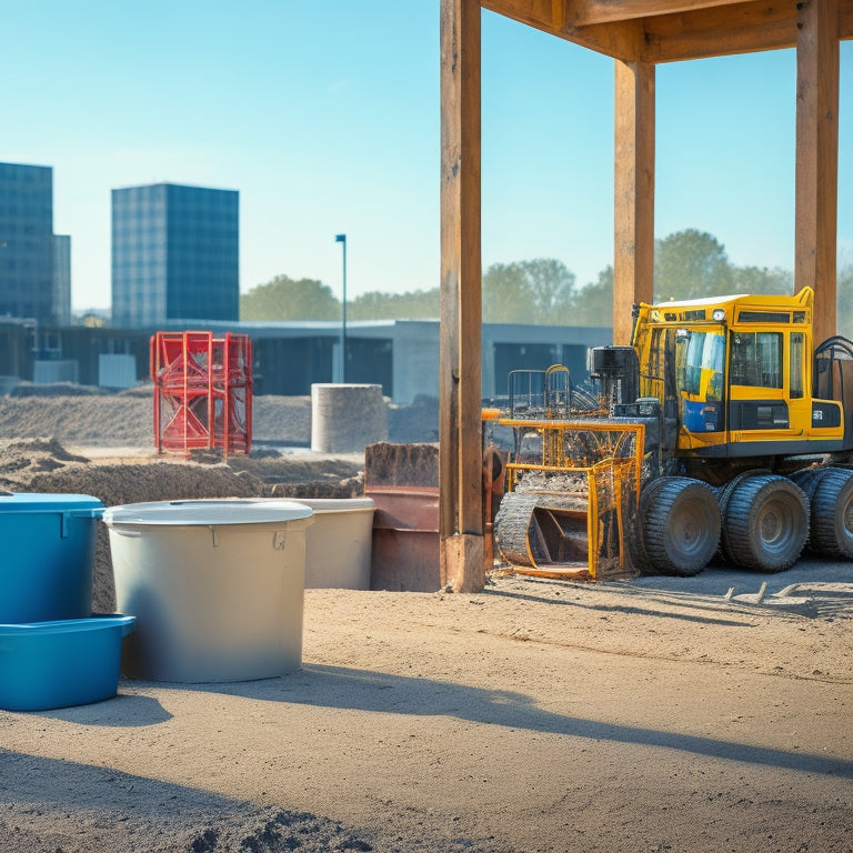 An organized workstation with a concrete mixer, tamping tool, and plate compactor in the foreground, surrounded by freshly poured concrete slabs and a blurred background of a construction site.