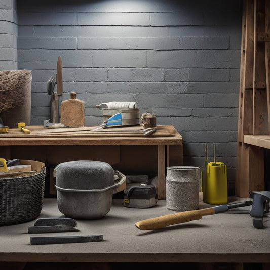 A clutter-free workshop with a concrete block wall in the background, featuring a masonry trowel, spirit level, jointer, and other essential tools arranged on a wooden workbench.