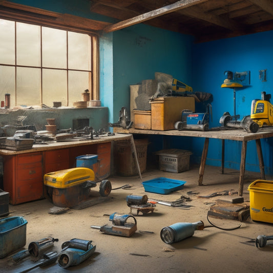 A cluttered workshop with a concrete floor, surrounded by essential power tools: a grinder, polisher, and edger, with scattered concrete dust, wires, and toolboxes in the background.