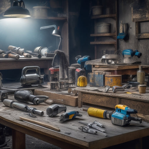 A cluttered workbench with various power tools, including a variable speed angle grinder, a rotary hammer, and a circular saw, surrounded by concrete dust, gloves, and scattered sculpting tools.