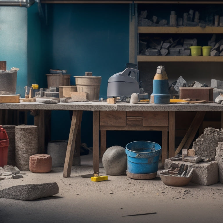 A cluttered workbench with a concrete mixer, trowels, jointers, and spirit levels, surrounded by concrete blocks, bricks, and sand, with a partially built stone wall in the background.