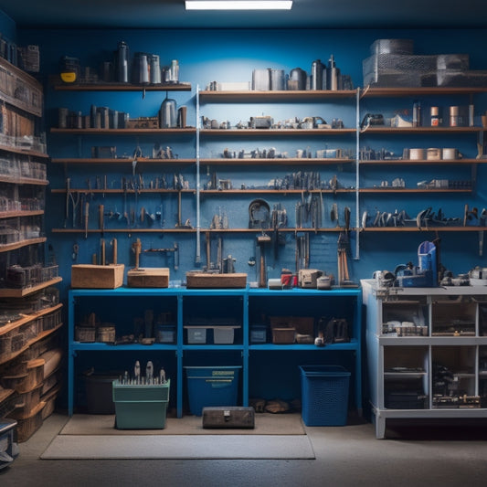 A tidy, well-lit workshop with a pegboard displaying organized concrete repair tools, and a corresponding shelving unit storing labeled bins and compact storage cases in the background.