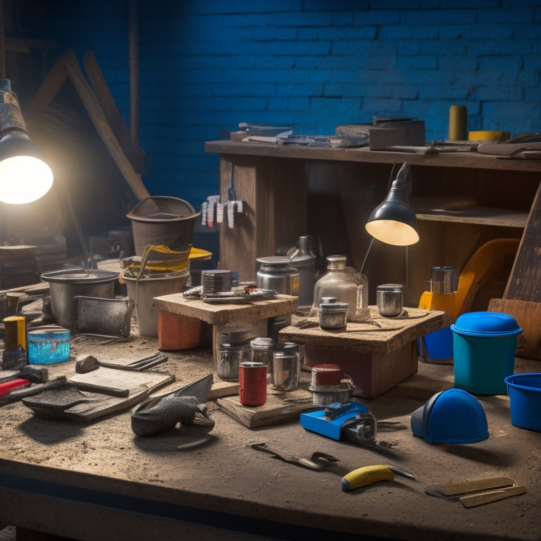 A cluttered, well-lit workshop table with a variety of DIY tools, including a mixer, trowel, level, and gloves, surrounded by small concrete projects, like planters and decorative blocks.