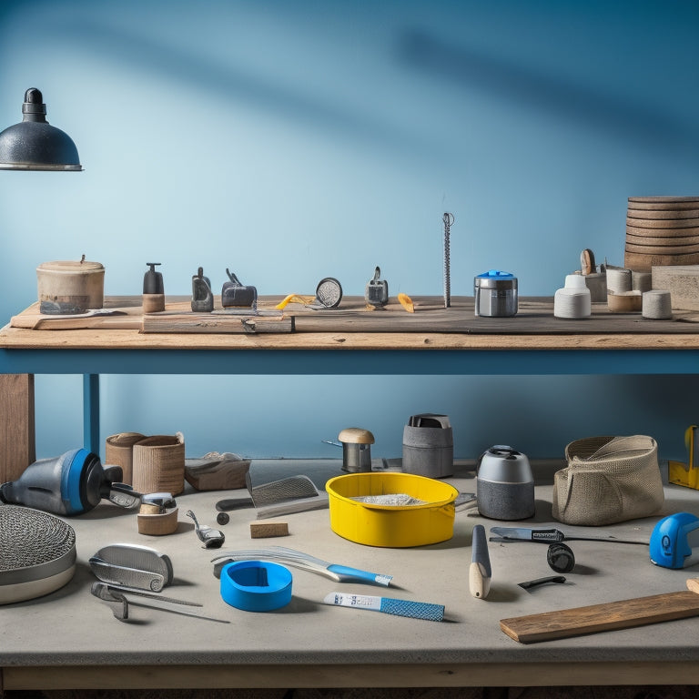 A well-organized workshop with a variety of tools, including a mixer, trowel, and grinder, surrounded by concrete samples with different finishes and colors, on a wooden workbench with a measuring tape.