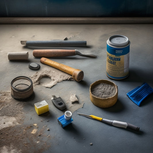 An image of a worn, cracked concrete surface with various budget-friendly repair tools scattered around, including a caulk gun, wire brush, and patching compound, set against a clean, gray background.