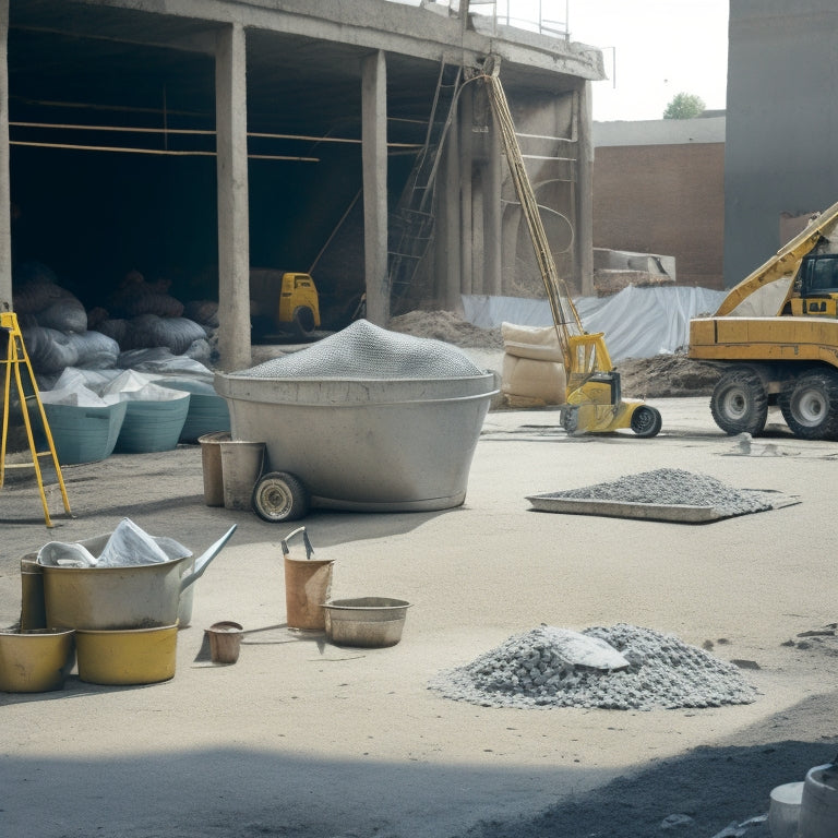 A cluttered construction site with a wheelbarrow, shovel, trowel, and concrete mixer in the foreground, surrounded by scattered cement bags, water buckets, and a mixing stick.