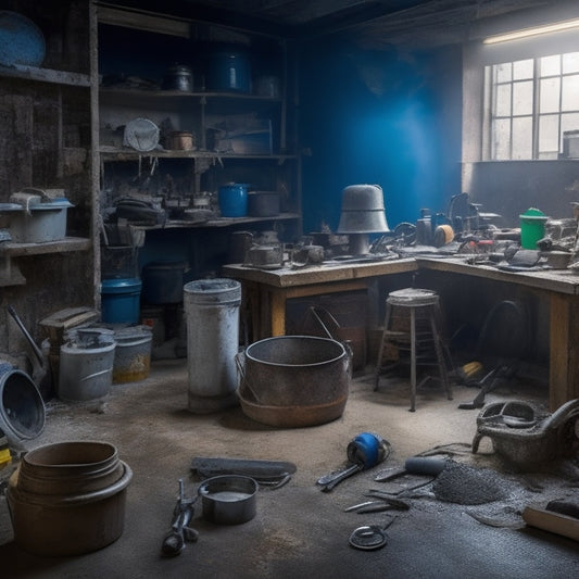 A cluttered workshop with a damaged concrete floor in the background, featuring a variety of tools and equipment, including a grinder, trowel, and buckets of patching compound, scattered around a large, circular worklight.