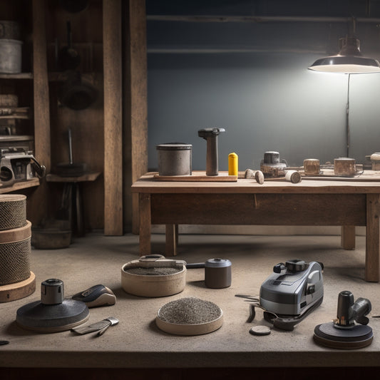 A well-lit, organized workshop with various concrete grinding tools laid out on a wooden workbench, including a handheld grinder, walk-behind grinder, and diamond discs in different grits.