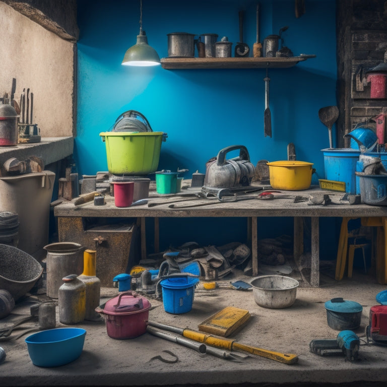 A cluttered workshop with a variety of concrete home tools scattered around, including a cement mixer, trowels, and levels, with a few tools highlighted in bright colors to signify importance.