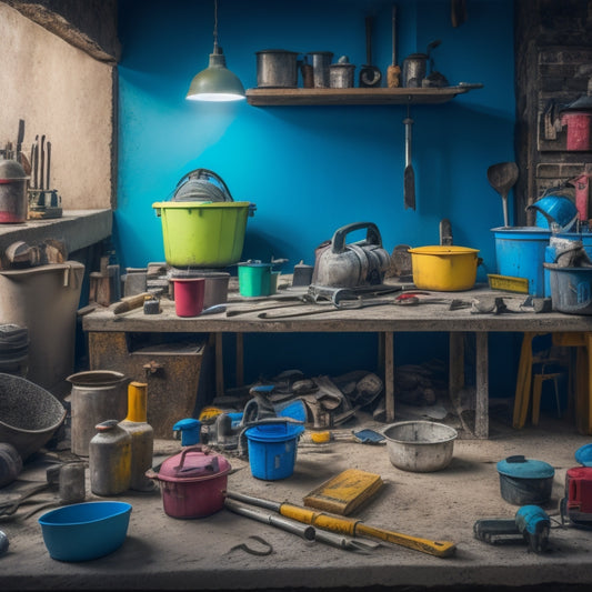 A cluttered workshop with a variety of concrete home tools scattered around, including a cement mixer, trowels, and levels, with a few tools highlighted in bright colors to signify importance.