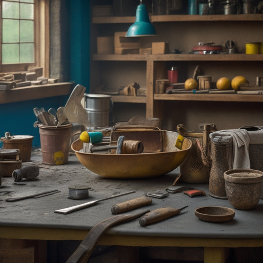 A cluttered workshop background with a variety of tools arranged neatly on a wooden table, including a notched trowel, spirit level, grout float, and a bucket of mixed adhesive.