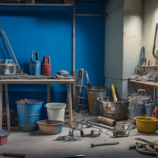 A cluttered construction site backdrop with a partially built concrete block wall, surrounded by various tools and equipment, including a mixer, trowels, levels, and buckets, in a messy yet organized arrangement.