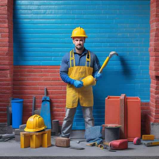 A colorful illustration of a person wearing a hard hat and gloves, standing in front of a partially built concrete block wall, surrounded by various tools and materials, including a trowel, level, and stack of blocks.