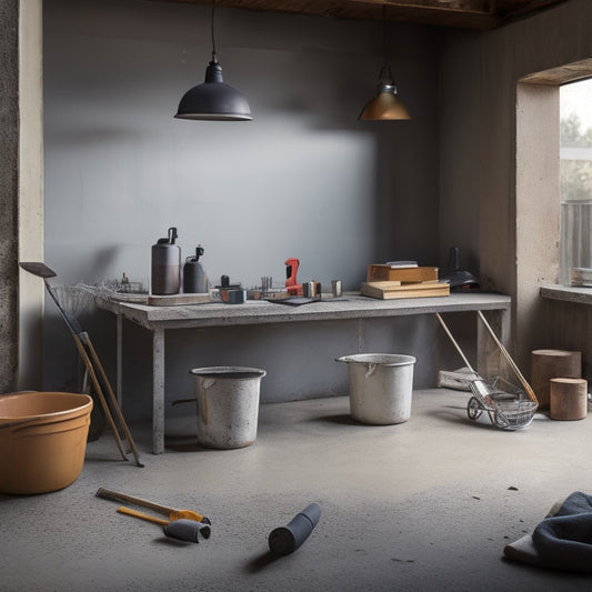 A clutter-free workspace with a mixer, wheelbarrow, trowel, level, safety goggles, and a concrete finishing tool, surrounded by a partially poured concrete slab with a smooth, gray finish.