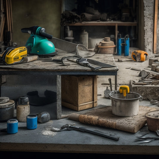 A cluttered workshop table with various concrete cutting tools: a diamond blade saw, a concrete mixer, a demolition hammer, a chisel set, and safety goggles scattered around a partially cut concrete slab.