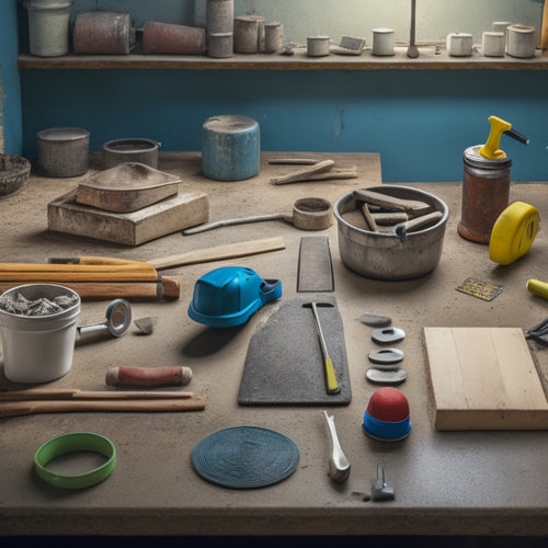 A cluttered workshop table with a variety of tools scattered across it, including a notched trowel, spirit level, rubber mallet, grout float, and spacers, surrounded by concrete tiles and a mixing bucket.