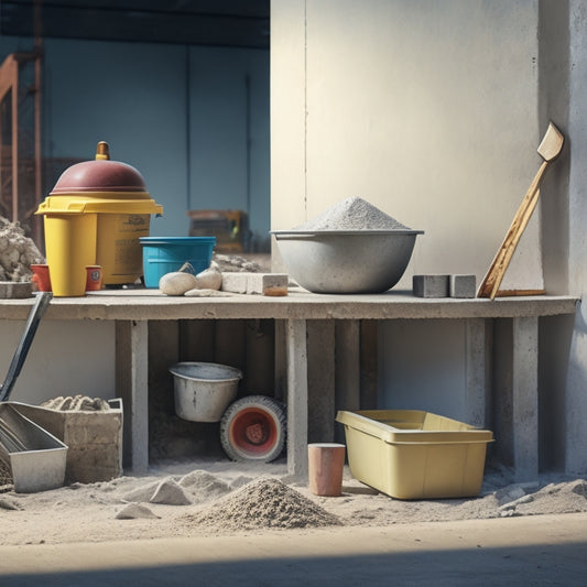 An image depicting a well-organized workstation with a mixing bucket, trowel, level, and wheelbarrow, surrounded by concrete blocks, sand, and cement, with a faint background of a construction site.