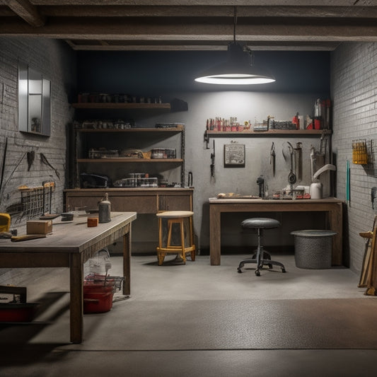 A well-lit concrete basement with a prominent workbench in the center, surrounded by essential tools like a caulk gun, sealant tubes, and a scrub brush, with a before-and-after contrast in the background.