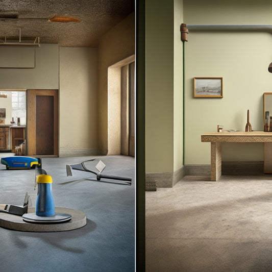 A split-screen image: a well-polished concrete floor with a few scattered tools, such as a trowel and a level, on one side, and a cracked, uneven floor with a jumbled mess of worn-out tools on the other.