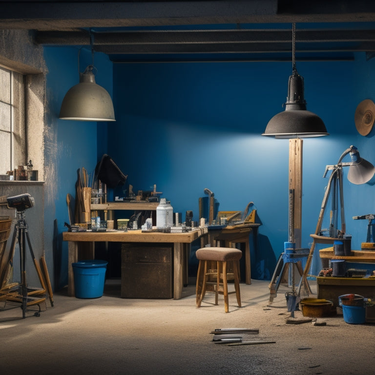 A well-lit workshop with a concrete wall in the background, surrounded by various painting tools including rollers, brushes, and sprayers, with a subtle color palette of grays and blues.