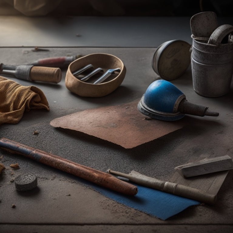 A dramatic, close-up shot of a worn, rusty trowel lying broken on a concrete floor, surrounded by scattered, shiny new tools and a crumpled up blueprint.