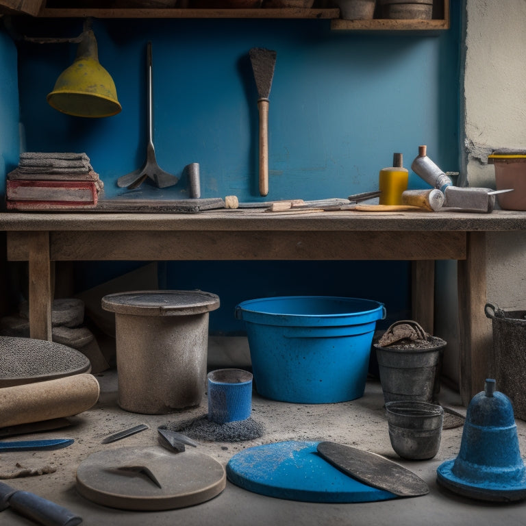 A cluttered workshop bench with various decorative concrete tools, including a trowel, edger, and stamp, surrounded by scattered concrete samples, color swatches, and a bucket of mixed concrete in the background.