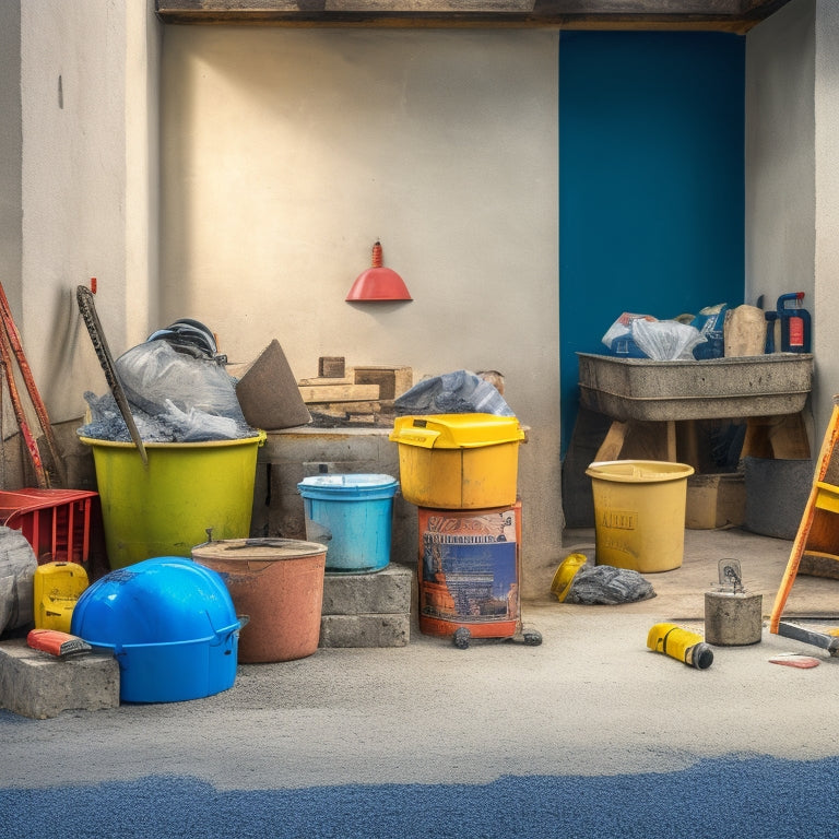 A cluttered construction site with a partially built concrete wall, surrounded by essential tools like a cement mixer, trowels, levels, and safety gear, with a few scattered concrete blocks and bags of cement.