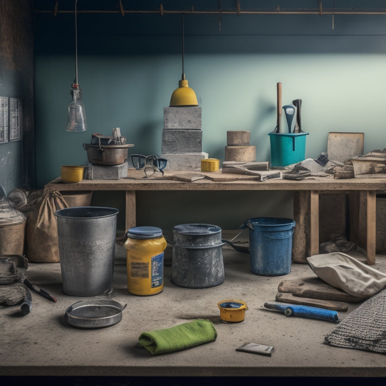 A cluttered workshop table with a variety of tools scattered around, including a trowel, level, mixing bucket, and safety goggles, surrounded by concrete blocks, bags of cement, and a partially constructed concrete wall.