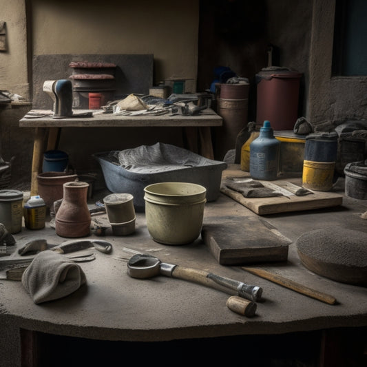 A cluttered workshop table with various plastering tools, including a stamped concrete tamping tool, a float, and a edger, surrounded by bags of cement and a partially completed stamped concrete wall in the background.