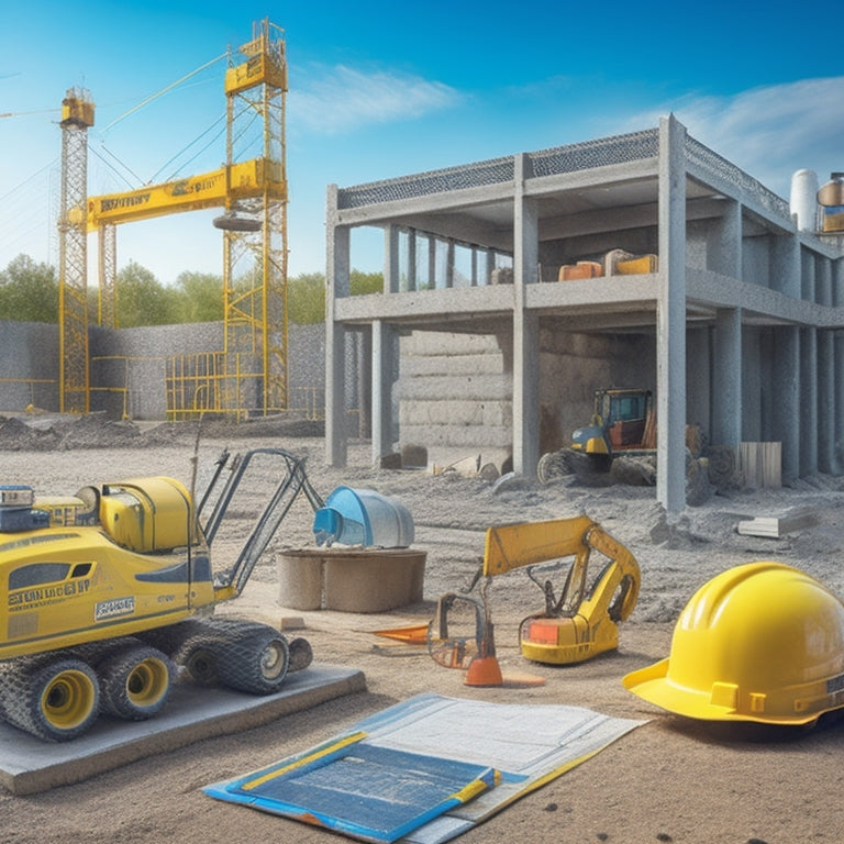 An illustration of a construction site with a partially built concrete house, surrounded by essential tools and equipment, including a cement mixer, trowels, spirit level, and scaffolding, amidst a backdrop of blueprints and hard hats.