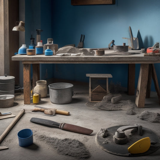 A cluttered workshop table with various DIY concrete finishing tools scattered around, including a trowel, edger, float, and grinder, with a partially finished concrete slab in the background.