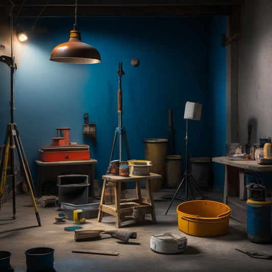 A well-lit, organized workshop background with a variety of painting tools scattered around, including a roller extension pole, paintbrushes, and a concrete block with a partially painted, ombre-effect finish.