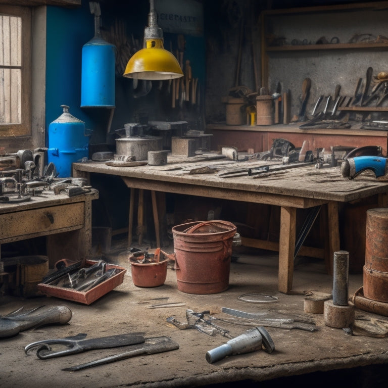 A cluttered workshop with a cracked concrete floor, surrounded by scattered tools, with a few essential concrete repair tools (trowel, edger, and joint chisel) organized neatly on a central workbench.