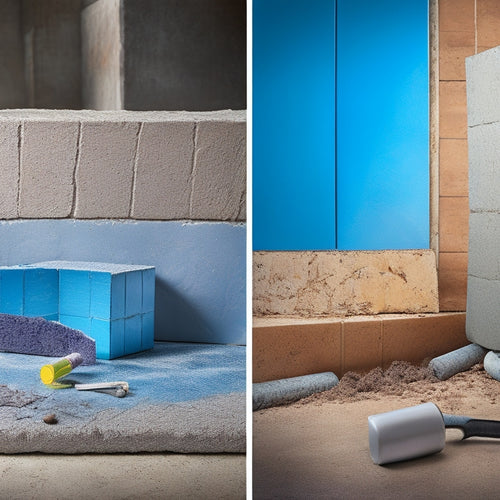 A split-screen image featuring a cracked and water-damaged concrete block on one side, and a sealed, waterproofed block with a dry, clean surface on the other, with various tools scattered around.