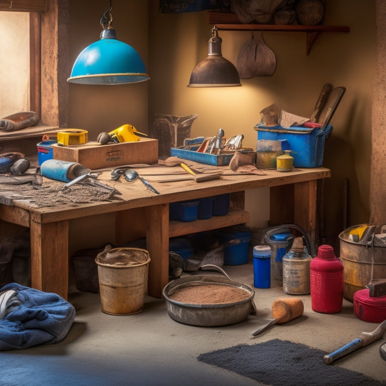 A cluttered workbench with a variety of tools, including a hammer, trowel, level, and mixing bucket, surrounded by concrete mix bags and scattered patches of dried concrete.