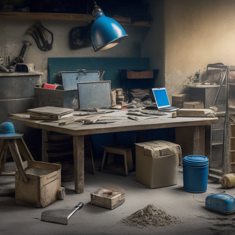 A cluttered workshop table with various concrete finishing tools scattered around, including a trowel, edger, and float, with a laptop and open boxes in the background, surrounded by concrete dust and debris.