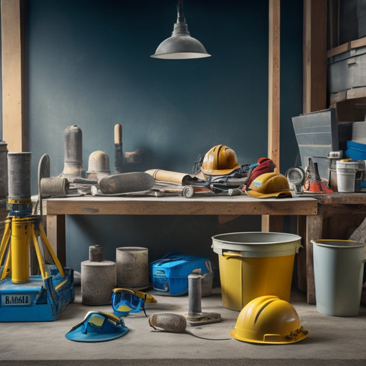 A cluttered but organized workspace with a concrete mixer, trowels, float, edger, jointer, and safety gear like hard hats, gloves, and goggles, amidst a backdrop of freshly poured concrete.