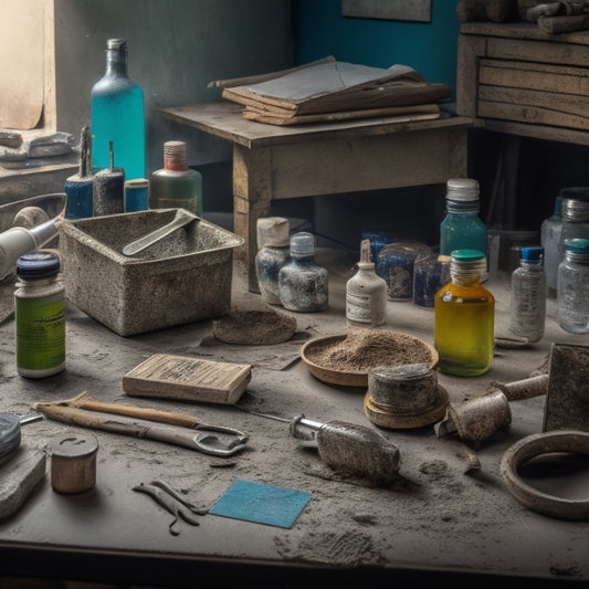 A cluttered workshop table with epoxy resin bottles, concrete crack injection kits, chisels, wire brushes, safety goggles, and a putty knife, surrounded by cracked concrete samples and repair manuals.