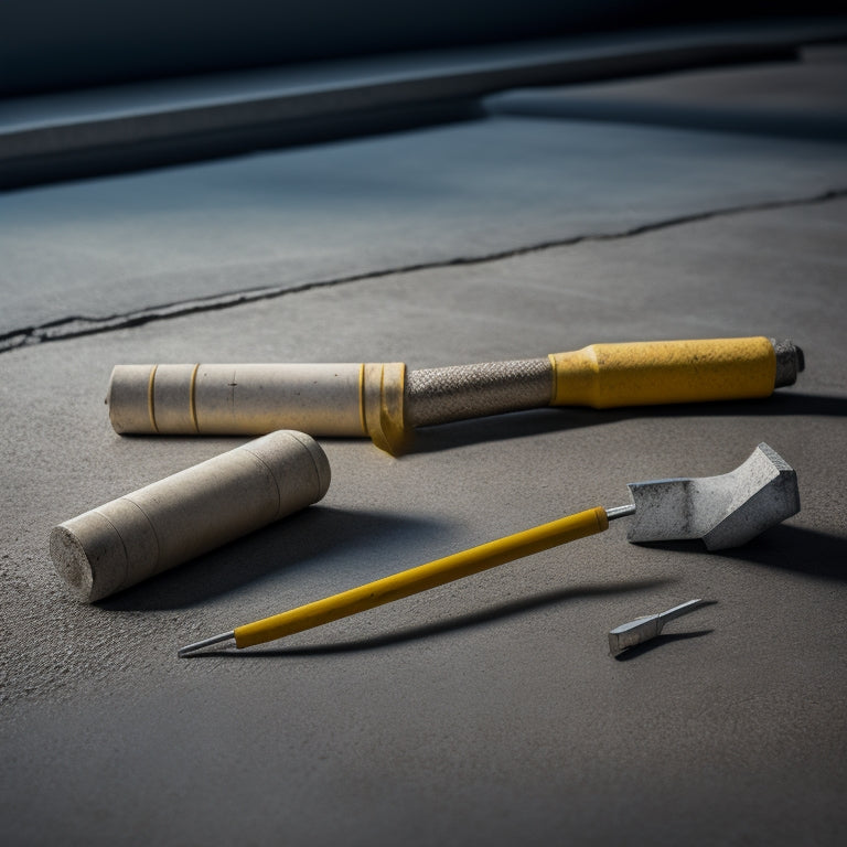 A close-up of three concrete crack injection tools with distinct shapes and colors, arranged on a clean, gray concrete background, with subtle shadows and highlights.