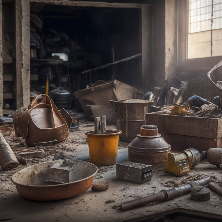 A cluttered construction site with rusty, worn-out tools scattered in the foreground, contrasted with a tidy, organized workspace in the background featuring shiny, high-quality concrete tools.