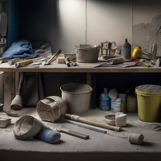 A cluttered workbench with various DIY concrete finishing tools, including a trowel, edger, float, and bucket, surrounded by scattered concrete mix bags and a partially finished concrete slab in the background.