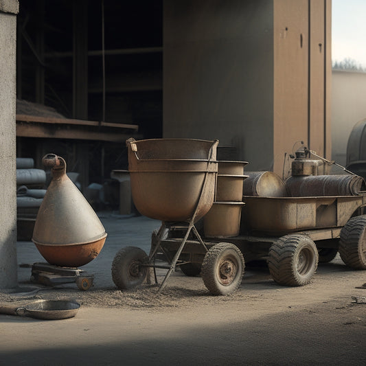 A worn, rusty concrete mixer stands alongside a shiny new one, surrounded by scattered tools and building materials, with a subtle background of a construction site or warehouse.